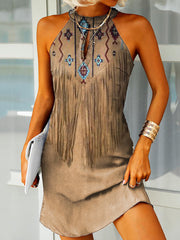 Western Fringed Print Halterneck Mini Dress