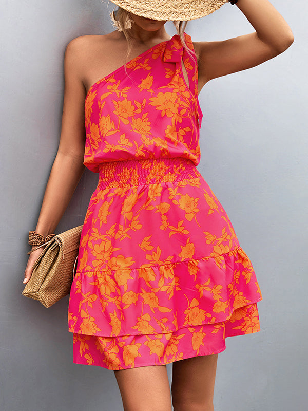 A-Line Sleeveless Elasticity Flower Print Split-Joint Tied Tiered One-Shoulder Mini Dresses