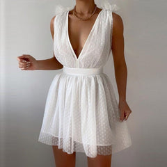 Hoobd Mini Dress - Tulle Plunge Dress in White