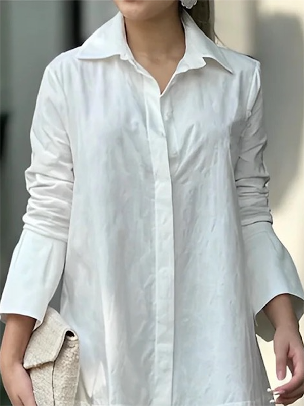 Long Sleeves Loose Solid Color Split-Joint Lapel Collar Mini Shirt Dresses