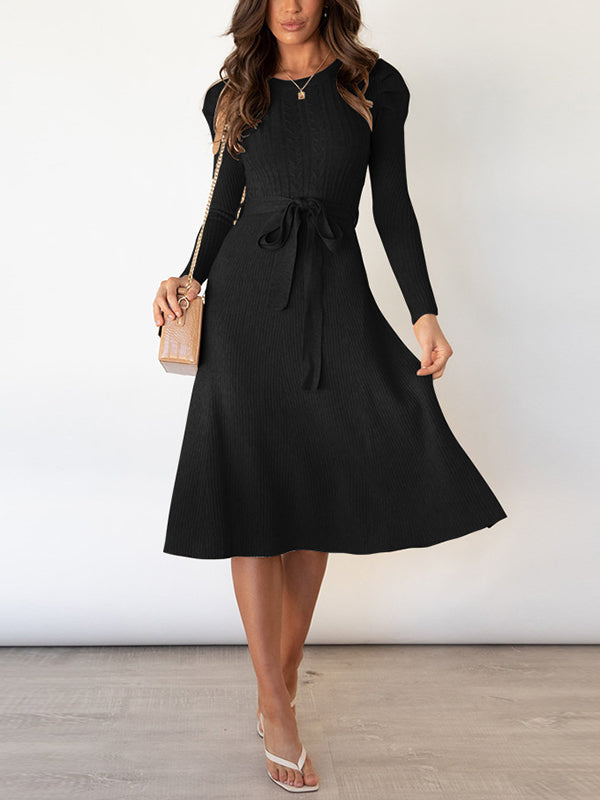 High Waisted Long Sleeves Solid Color Tied Waist Round-Neck Midi Dresses Sweater Dresses