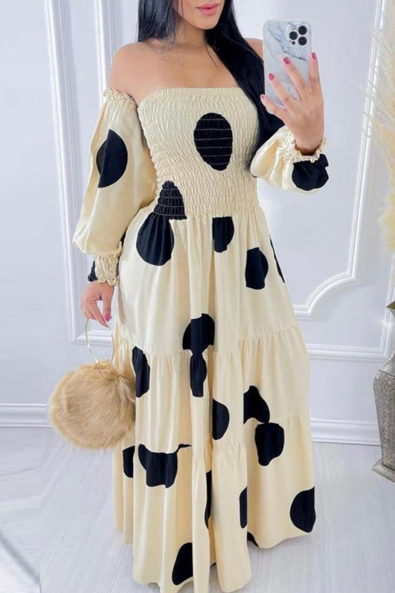 Cream White Casual Dot Print Patchwork Backless Off the Shoulder Long Dress Dresses