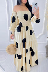 Cream White Casual Dot Print Patchwork Backless Off the Shoulder Long Dress Dresses