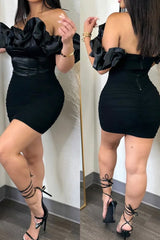 Black Sweet Daily Party Elegant Patchwork Stringy Selvedge Off the Shoulder Mini Dress Dresses