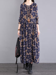 Casual Long Sleeves Loose Floral Printed Round-Neck Midi Dresses