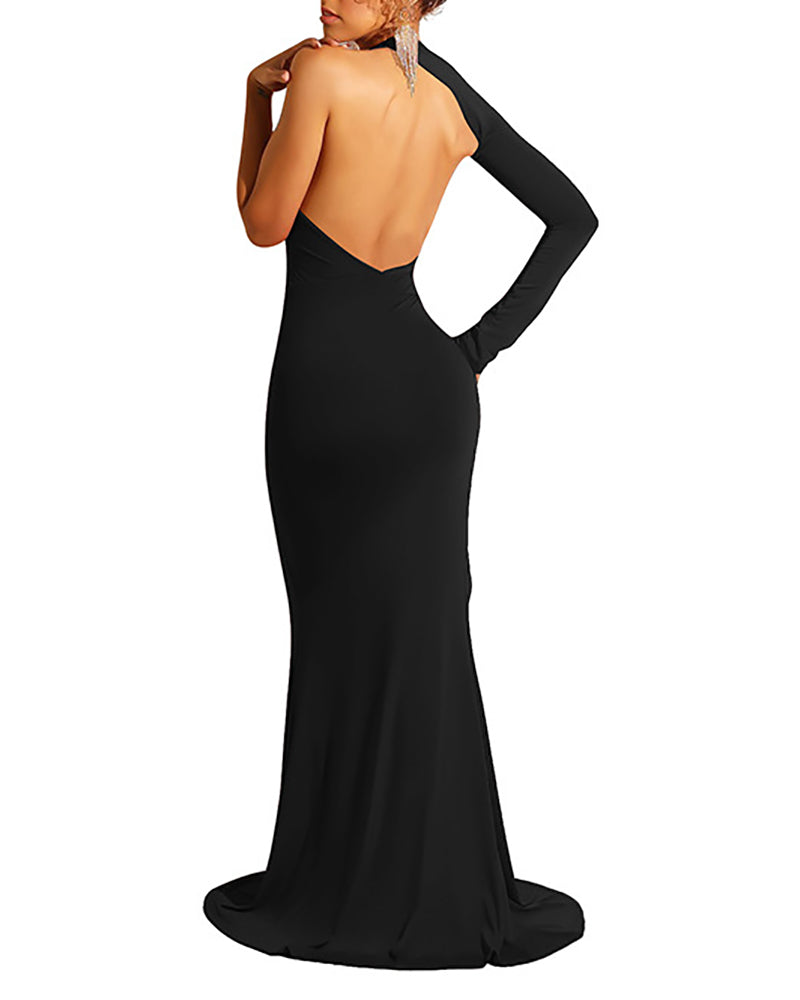 Asymmetrical One Shoulder High Slit Backless Mermaid Dress