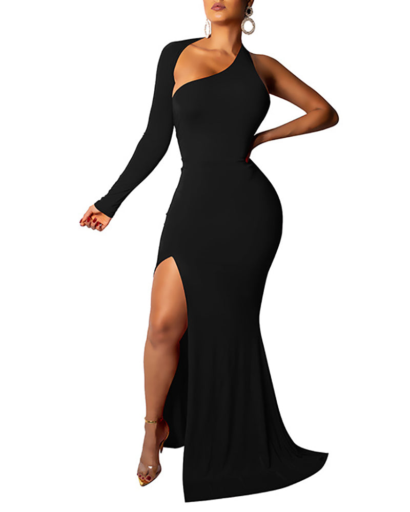 Asymmetrical One Shoulder High Slit Backless Mermaid Dress