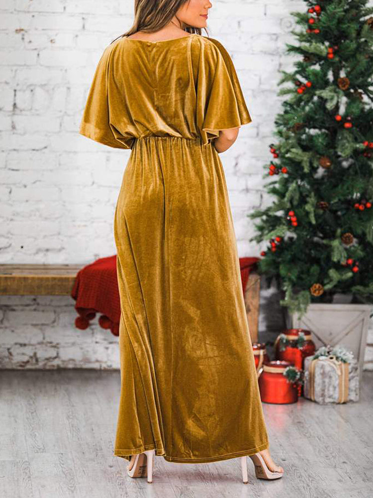 Fashion Velvet Round Neck High Slit Maxi Dresses