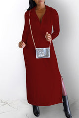 Black Casual Solid Slit Hooded Collar Long Sleeve Dresses