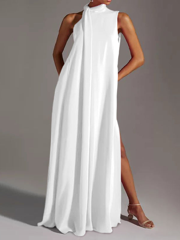 Sleeveless Solid Color Split-Side Round-Neck Maxi Dresses