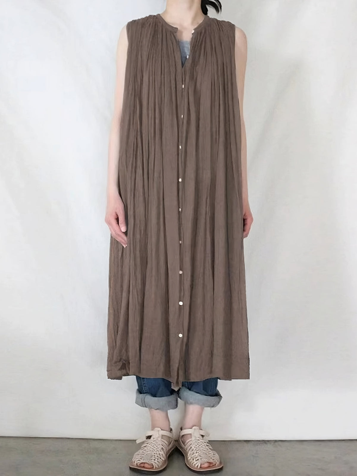 --Sleeveless Pleated Pure Cotton A-line Dress