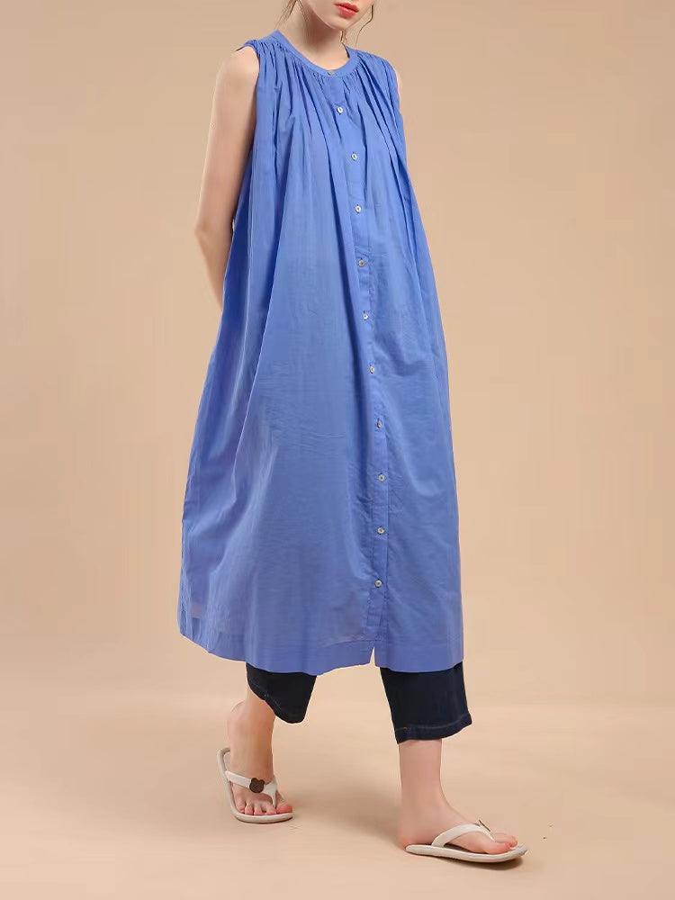 --Sleeveless Pleated Pure Cotton A-line Dress