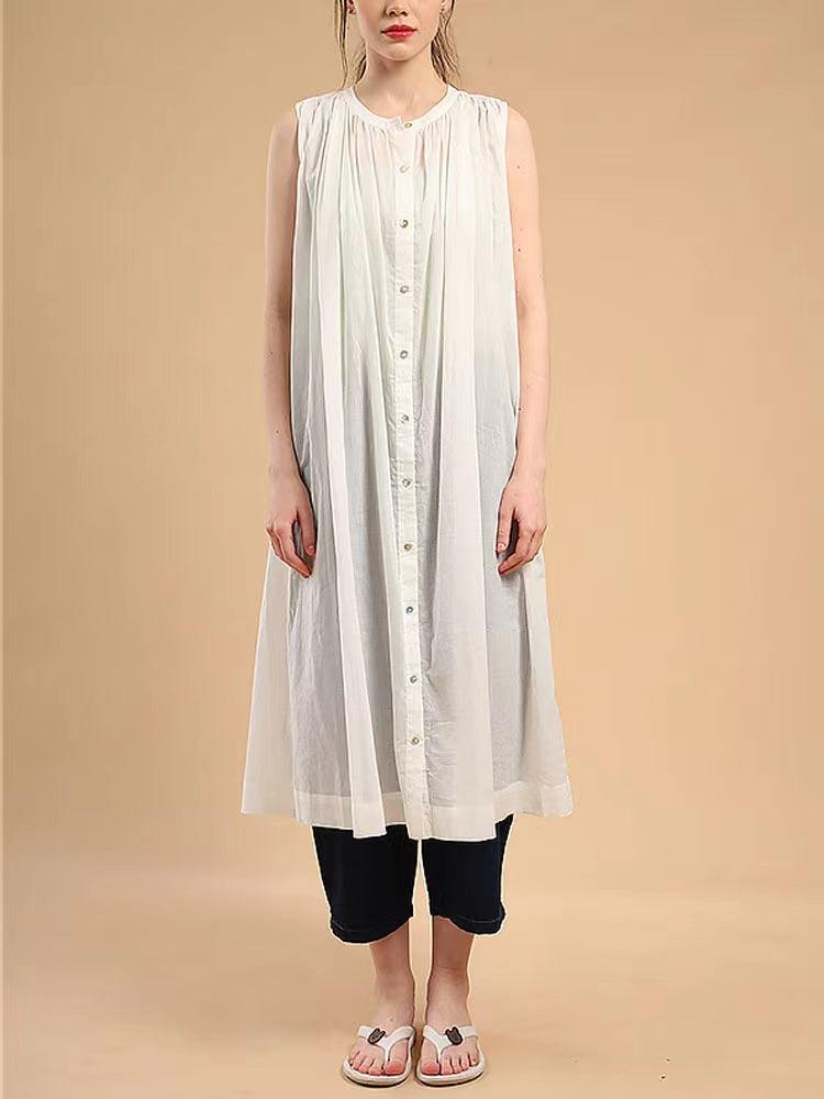 --Sleeveless Pleated Pure Cotton A-line Dress