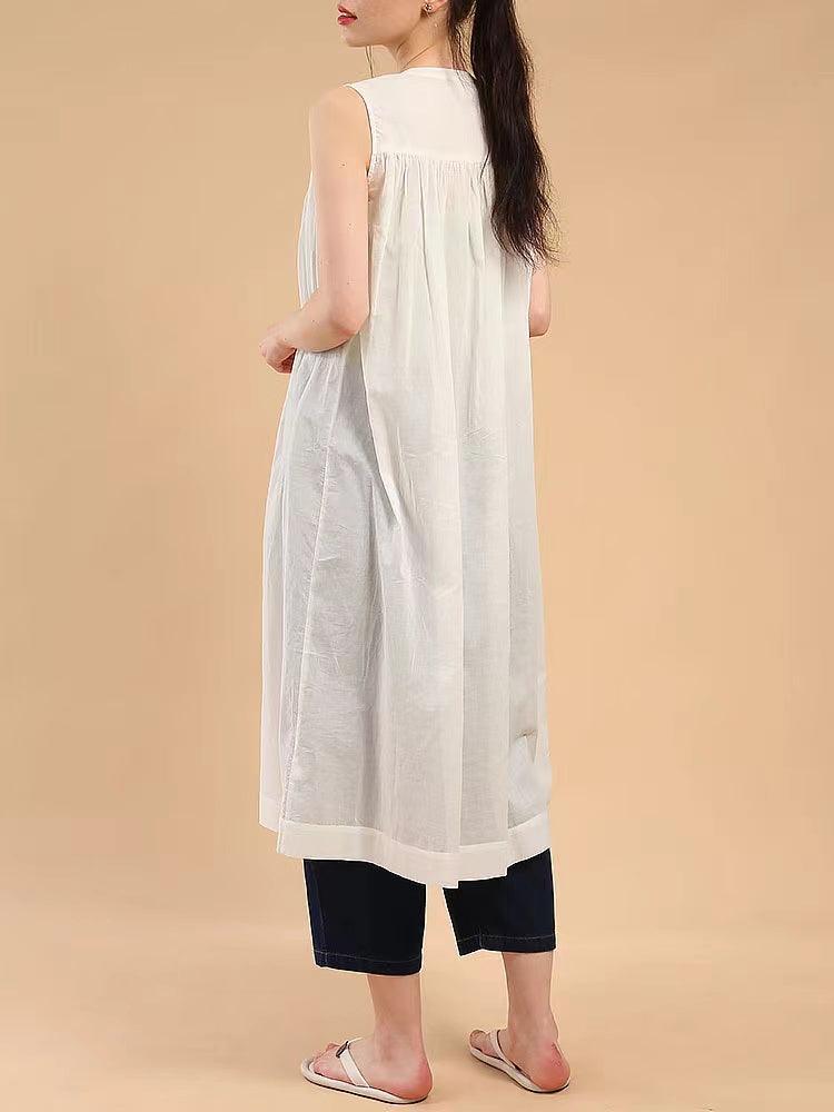 --Sleeveless Pleated Pure Cotton A-line Dress