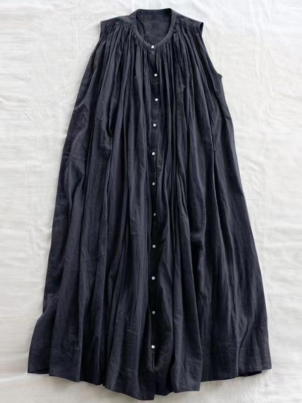 --Sleeveless Pleated Pure Cotton A-line Dress