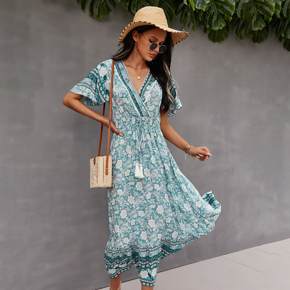 Spring New Bohemian Floral Dress Women Flare Sleeve Casual V Neck Tassel Bandage Print Dress Ladies Holiday Style Summer Dresses