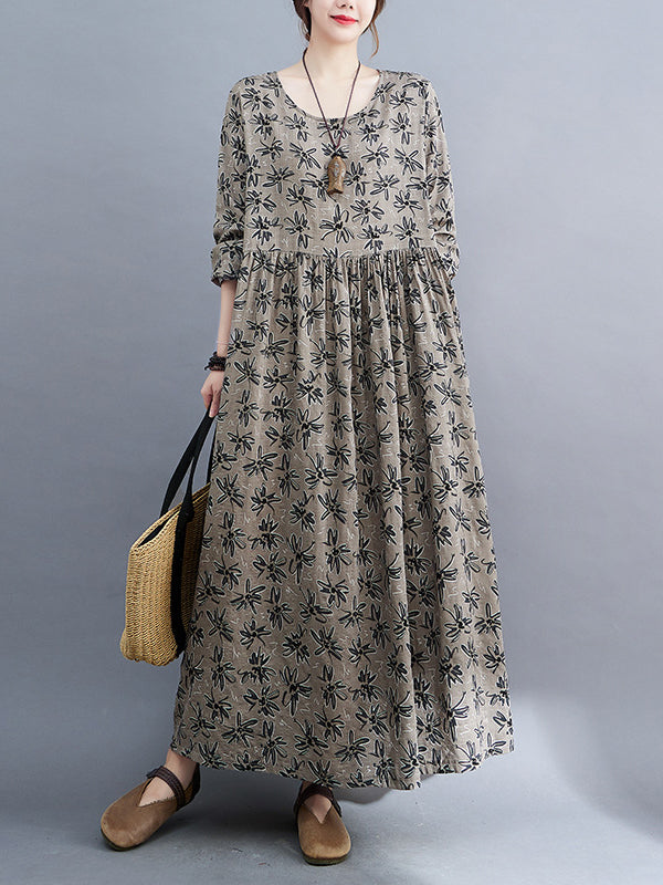 Artistic Retro Long Sleeves Loose Floral Printed Round-Neck Midi Dresses