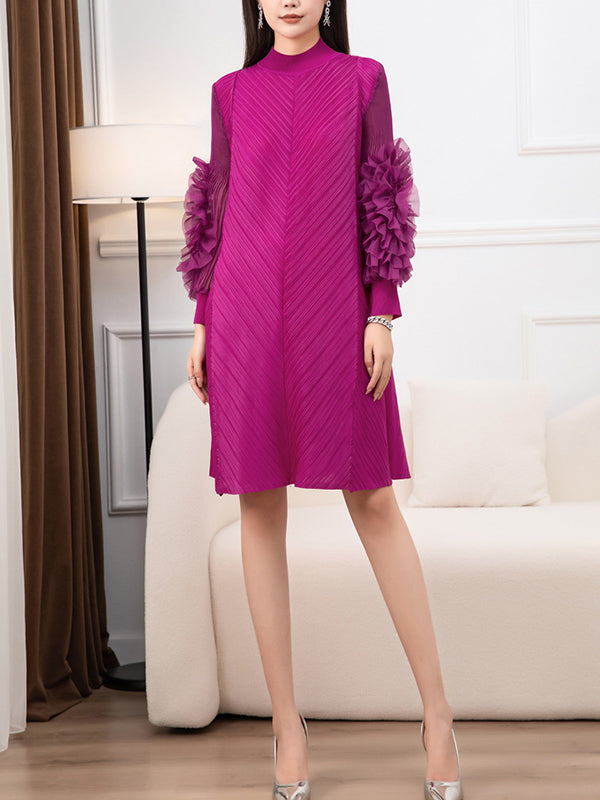 Long Sleeves Loose Embroidered Pleated Solid Color Round-Neck Midi Dresses