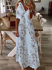 Boho Floral Lace Hollow Shoulder Maxi Dress