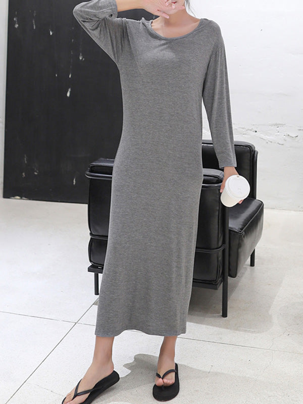 Simple Modal Solid Color Round-Neck Long Sleeves Midi Dress