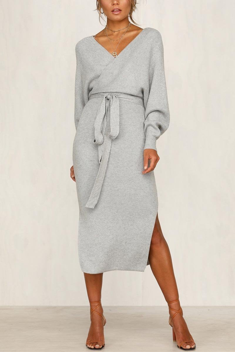 Hoobd V Neck Backless Sweater Dress(5 Colors)