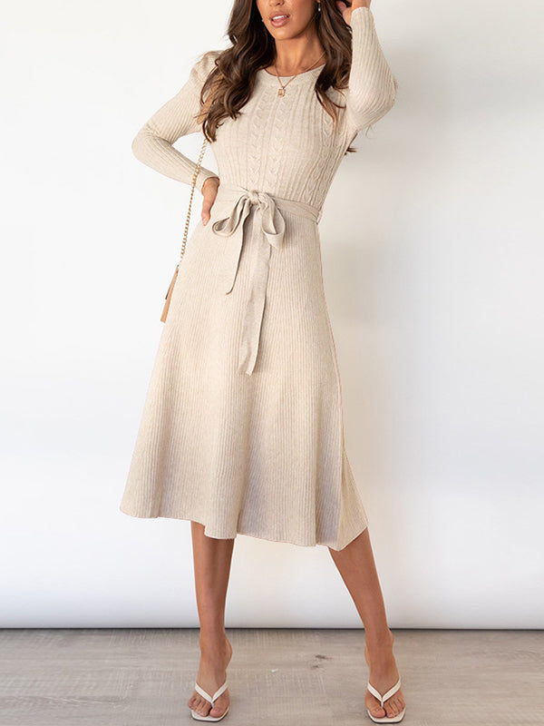 High Waisted Long Sleeves Solid Color Tied Waist Round-Neck Midi Dresses Sweater Dresses