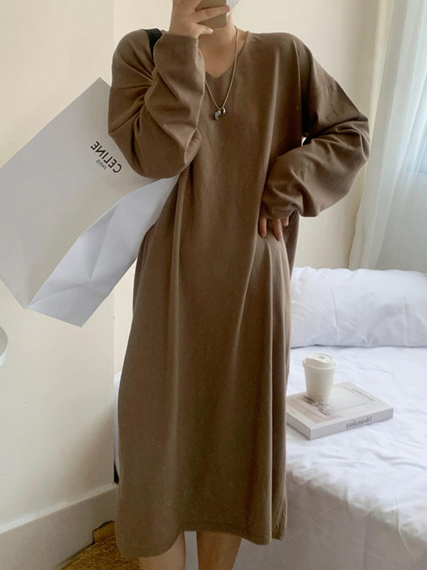 Long Sleeves Loose Solid Color V-Neck Midi Dresses Sweater Dresses