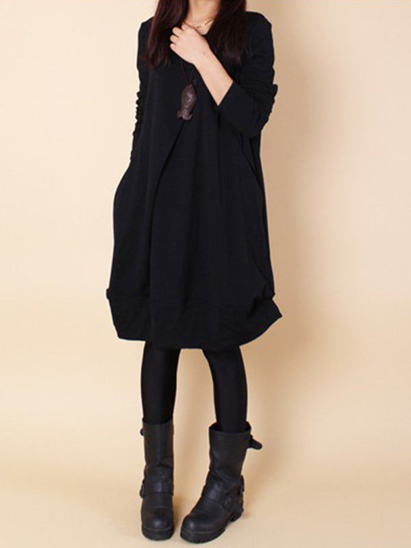 Original Loose Pleated 4 Colors Round-Neck Long Sleeves Short Dress