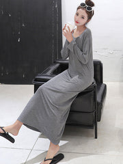 Simple Modal Solid Color Round-Neck Long Sleeves Midi Dress