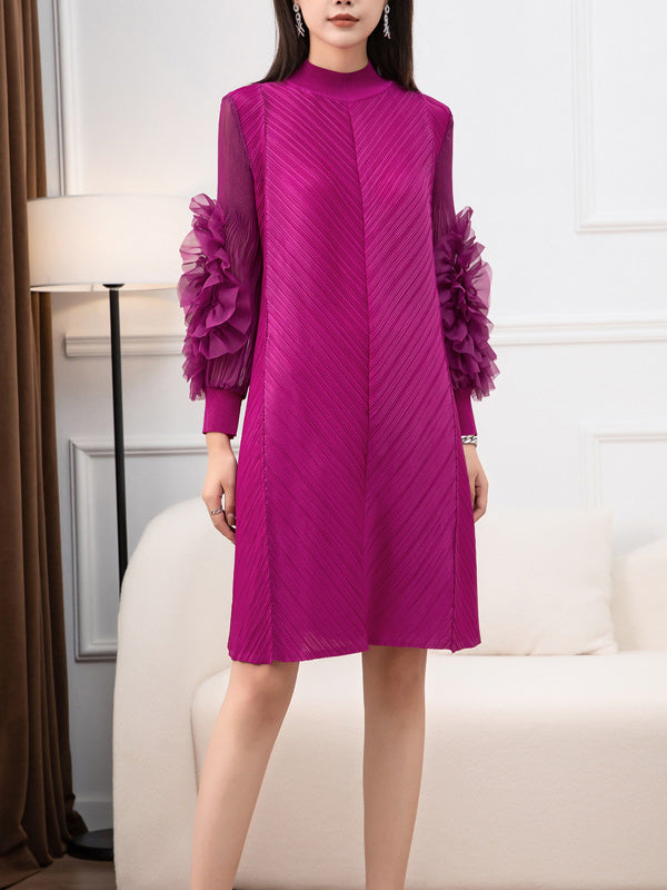 Long Sleeves Loose Embroidered Pleated Solid Color Round-Neck Midi Dresses