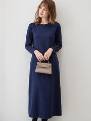 Simple Solid Color Round-Neck A-Line Midi Dress