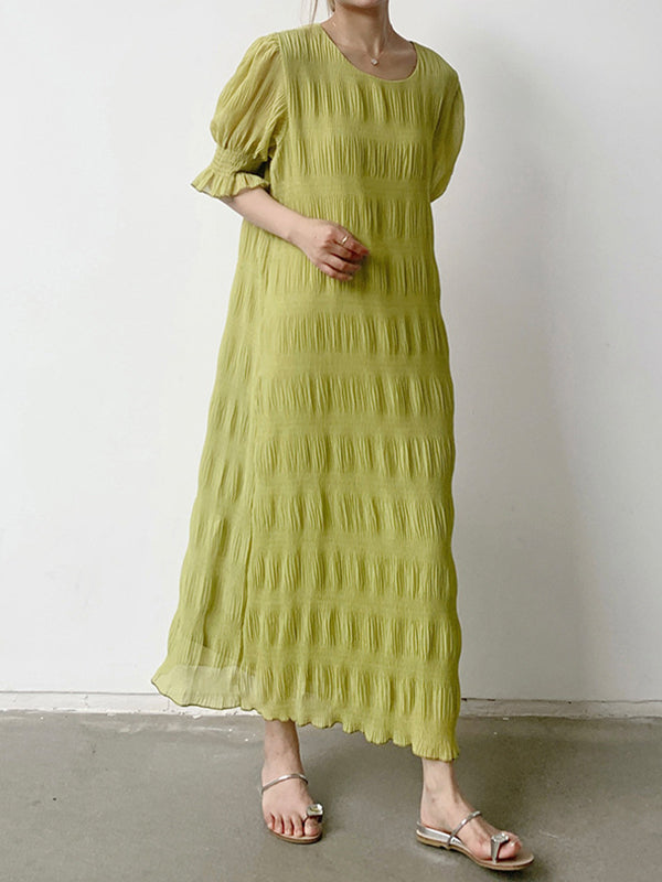 Flared Sleeves Half Sleeves Pleated Solid Color Round-Neck Midi Dresses