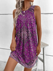 Loose Plus Size Geometric Pleated Printed Split-Joint U-Neck Mini Dresses