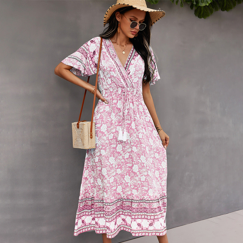 Spring New Bohemian Floral Dress Women Flare Sleeve Casual V Neck Tassel Bandage Print Dress Ladies Holiday Style Summer Dresses