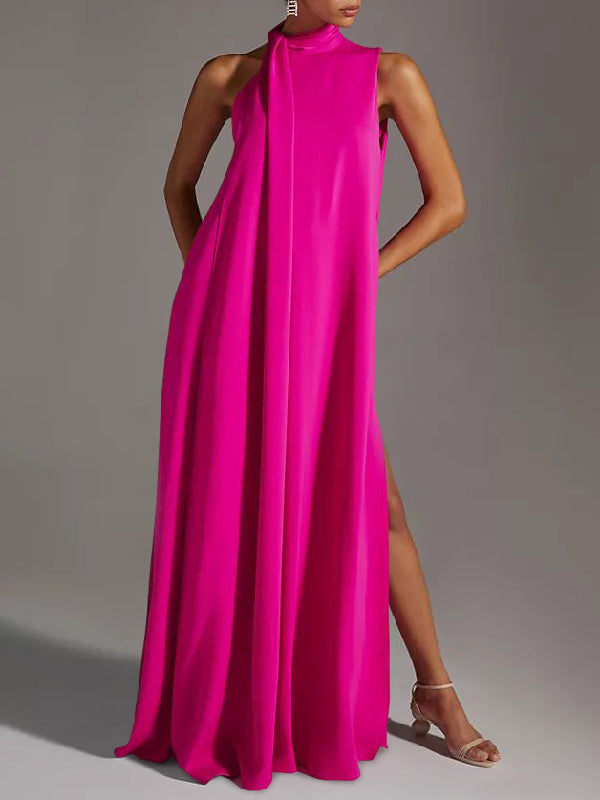 Sleeveless Solid Color Split-Side Round-Neck Maxi Dresses