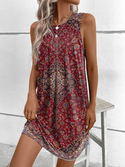 Loose Plus Size Geometric Pleated Printed Split-Joint U-Neck Mini Dresses