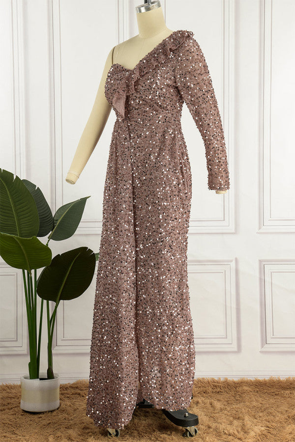 White Celebrities Patchwork Sequins One Shoulder Trumpet Mermaid Dresses
