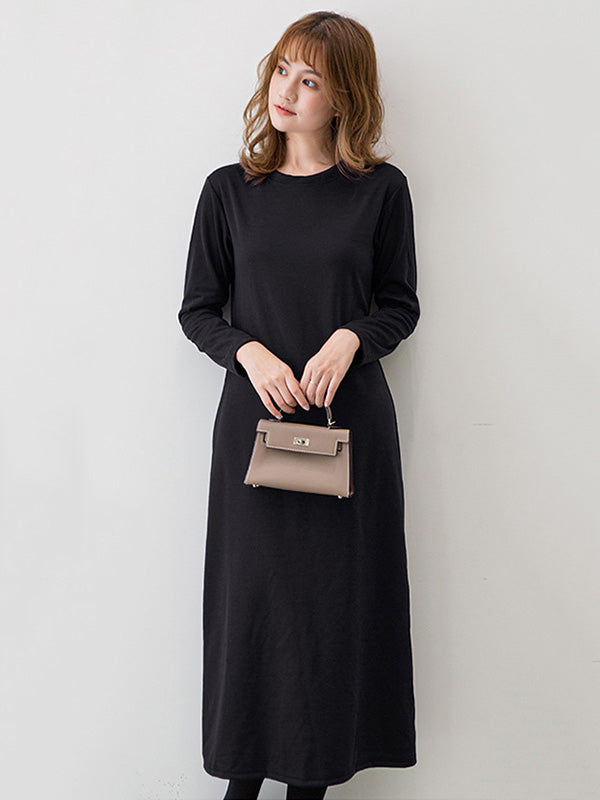 Simple Solid Color Round-Neck A-Line Midi Dress