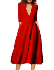 New Sexy Deep V Mid Sleeve Dress Midi Dress Skater Dresses