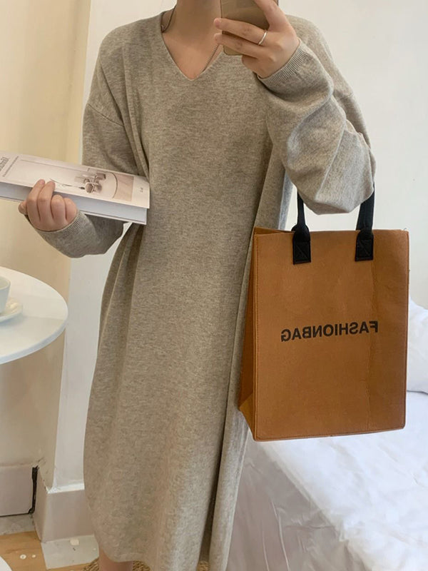 Long Sleeves Loose Solid Color V-Neck Midi Dresses Sweater Dresses