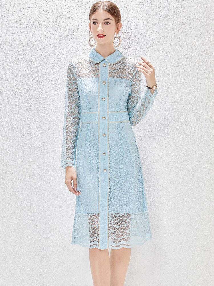 Elegant Spring Hollow Out Lace Dresses for Women 2023 New Designer Long Sleeve Sexy Transparent Party Vestidos Blue Lady