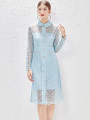 Elegant Spring Hollow Out Lace Dresses for Women 2023 New Designer Long Sleeve Sexy Transparent Party Vestidos Blue Lady