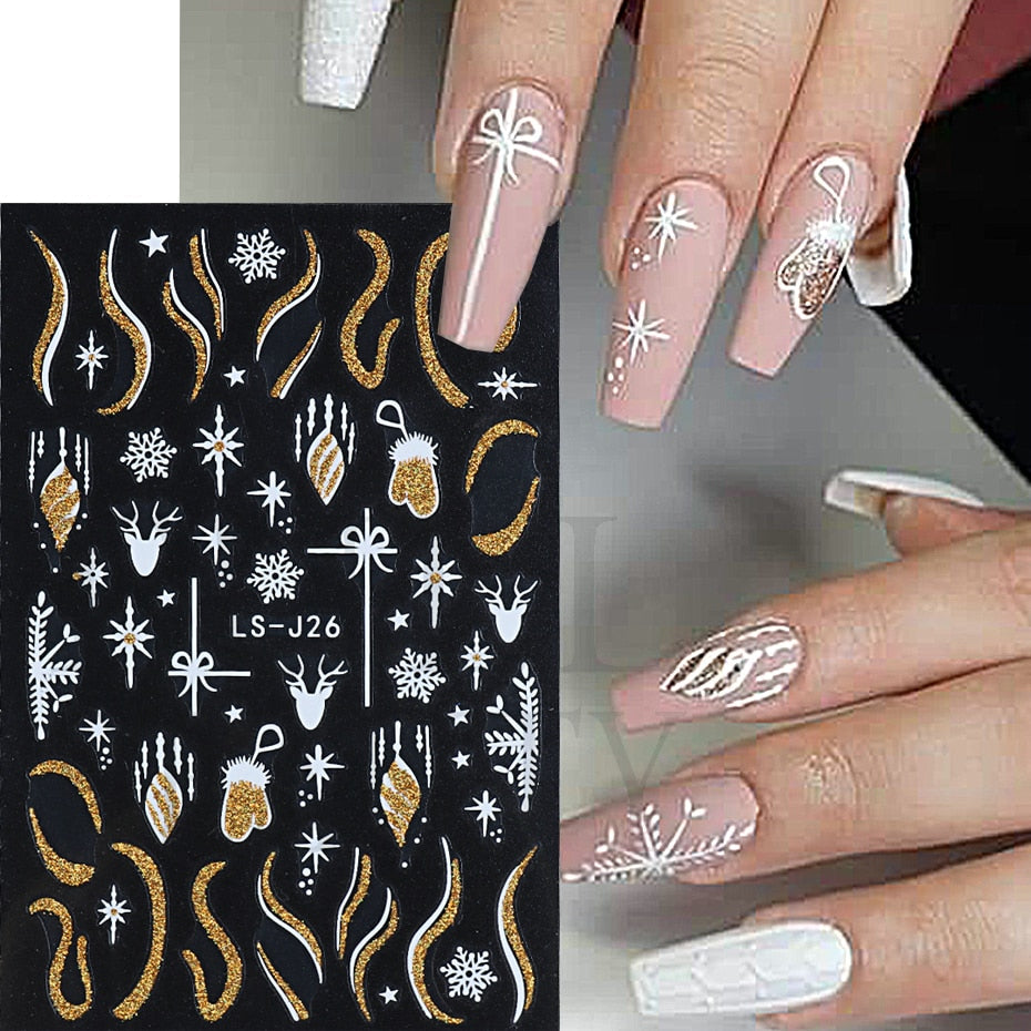 Christmas Nail Sticker 3D Reflective Shiny Glitter Gold Silver Snowflake Elk Bells Decal Slider For Manicure Decoration NLLS-J24