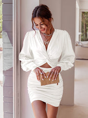Hoobd Sexy deep v neck bodycon dress Party club hollow out mini dress Elegant winter autumn chic lantern sleeve satin dress