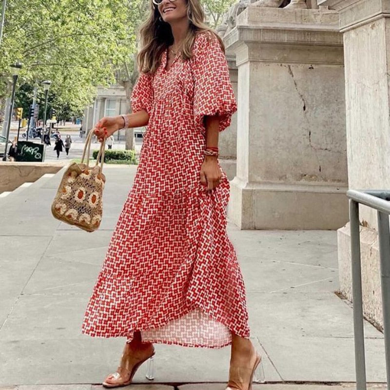 Women Vintage Bohemian Printing Beach Dress Fashion Bubble Sleeves V-Neck Long Dress Spring Summer Female Casual Loose Dresses