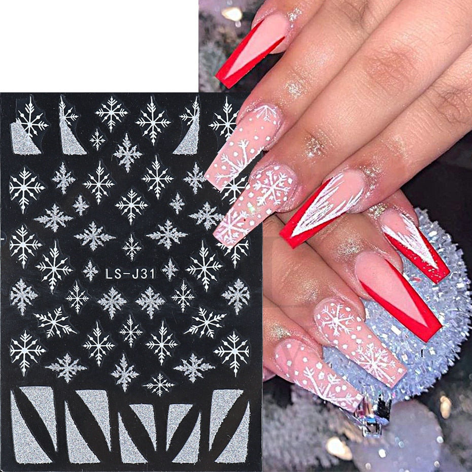 Christmas Nail Sticker 3D Reflective Shiny Glitter Gold Silver Snowflake Elk Bells Decal Slider For Manicure Decoration NLLS-J24