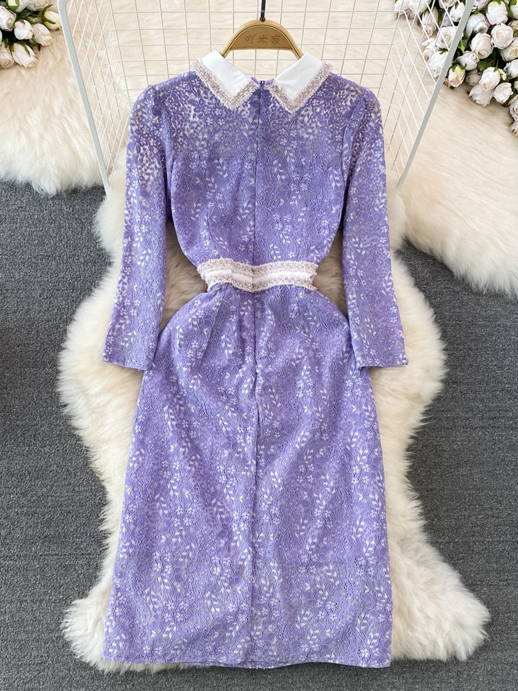 Elegant Spring Hollow Out Lace Dresses for Women 2023 New Arrivals Turn Down Collar Party Casual Vestidos Fashion Female Clothes