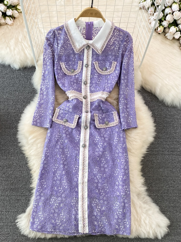 Elegant Spring Hollow Out Lace Dresses for Women 2023 New Arrivals Turn Down Collar Party Casual Vestidos Fashion Female Clothes