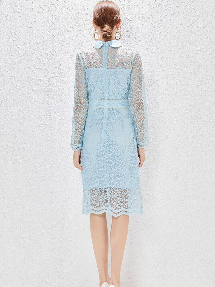 Elegant Spring Hollow Out Lace Dresses for Women 2023 New Designer Long Sleeve Sexy Transparent Party Vestidos Blue Lady