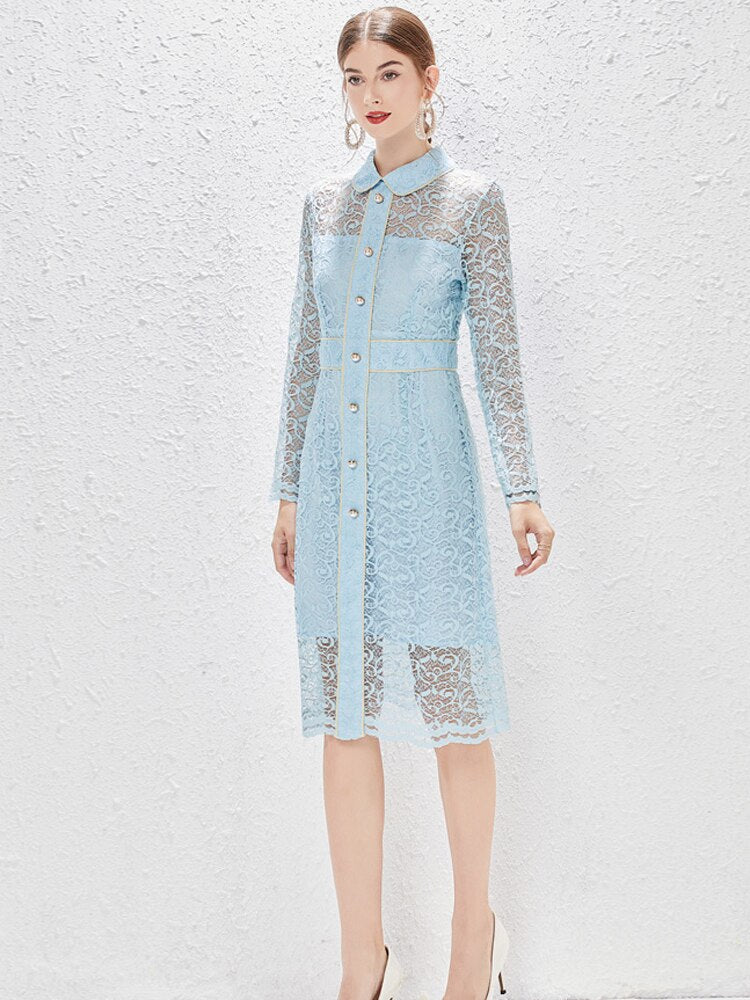 Elegant Spring Hollow Out Lace Dresses for Women 2023 New Designer Long Sleeve Sexy Transparent Party Vestidos Blue Lady